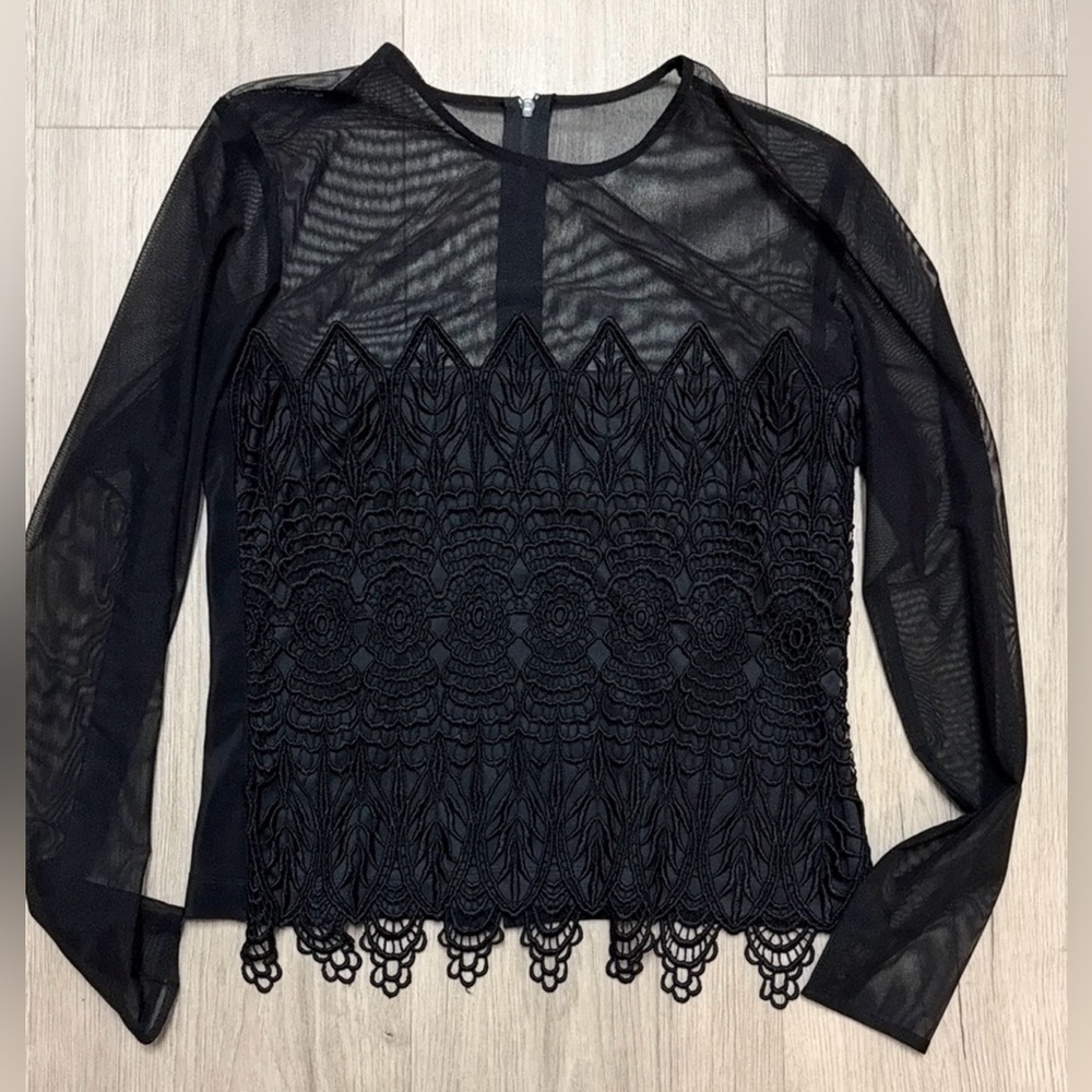dressbarn Black Lace-Trim Long Sleeve Mesh Top
